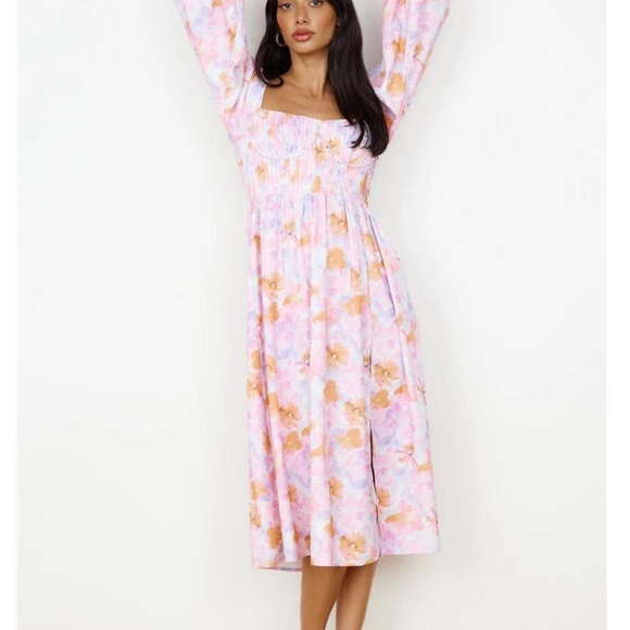 Elegant Long Sleeve Floral Dress in Pink and Orange - Picture 1 of 3